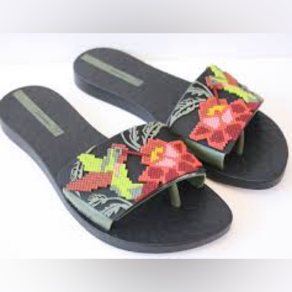 Ipanema Black Sandals with Red and Green Floral Design